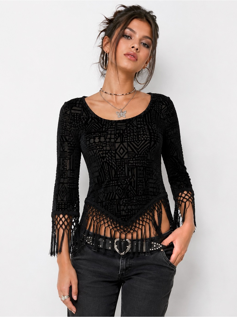 Whimsigoth Geometric Black Velvet Burnout Tassel Witchy Tunic Y2K Fairy Grunge